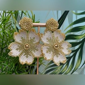 White & Gold Elegant Chic Beaded Flower Earrings - Trendy Boho Chic Earrings